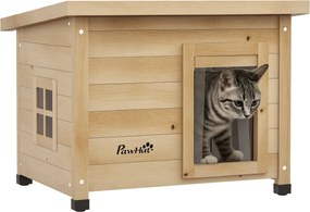 PawHut Fa Kerti Macska Ház Téli Vízálló Macska Menedék Aszfalt Tető Ablakkal Ajtófüggönnyel Emelt Macska Barlang 57 x 45 x 43 cm Sárga | Aosom