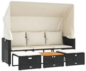 3 személyes fekete polyrattan kerti kanapé baldachinnal/székkel