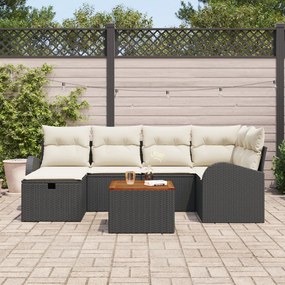 7 részes kerti bútor szett párnákkal, fekete poly rattan, 2 személyes kerti bútor tárolóval és párnákkal, fekete poly rattan