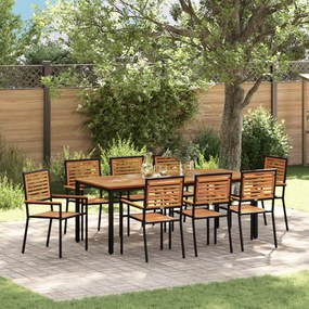 9 Részes Kerti Étkezőszett Fekete Poli Rattan Akácia, Egymásra Rakható Kerti Székek Párnákkal 2 db Fekete Poli Rattan, Kerti Asztal 200x90x75 cm Tömör Akácia Fa és Fém