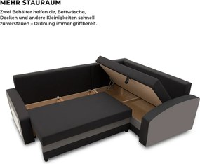 Grande sarokkanapé polcokkal , polc a bal karfaban, jobboldali, szövet anyag, bonell töltet, fekete - szürke