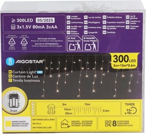 Aigostar - LED kültéri karácsonyi fényfüzér 300xLED/8 világítási mód 3xAA 18x06m IP44 meleg fehér