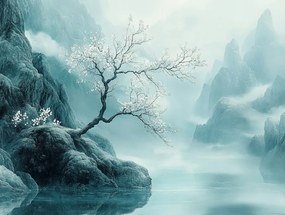 Vászonkép Canvas Hegyek Fa Tájkép Természet Köd Türkiz 80x60