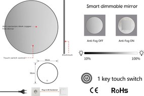Erga Olivia, kerek LED tükör 50cm, fekete fém keret, 1150 lm, 6500K, elölről megvilágított, ERG-V01-202-5050-BK