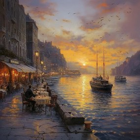 Vászonkép Canvas Város Sétány Csatorna Víz Hajók Kávézó 80x80