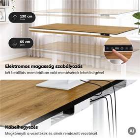 Elektromos ülő-álló íróasztal fiókkal és Qi vezeték nélküli töltővel fehér/aranytölgy, 1400 mm: ELLIS
