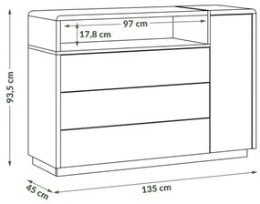 FRED fiókos komód, fehér/szürke színben