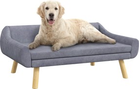 PawHut Kutyaszofa Macskaszofa Hátpaddal, Kisállat Kanapé Fa Lábakkal, Kisállatszofa Párnával, Kutyafekhely Közepes és Nagy Kutyáknak, Velúr, Szürke, 1