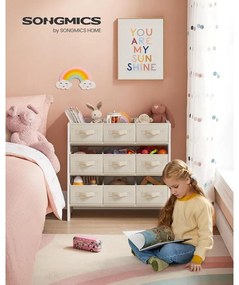 Gyerek játékpolc,  9 tárolódobozzal,  textil, tágas, 29,5 x 62,5 x 60 cm, felhő fehér