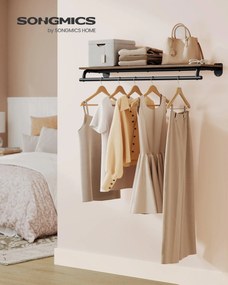 Fali Ruhatartó Állvány, Fali Polc Akasztórúddal, 28 x 109 x 13,2 cm, Rusztikus Barna és Fekete