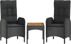 vidaXL 3 részes fekete polyrattan kerti ülőgarnitúra párnákkal