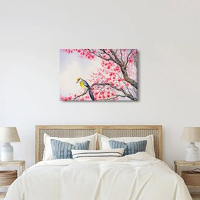 Kép - Madár egy fán, piros virágokkal (90x60 cm)