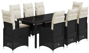 9 részes fekete polyrattan kerti bisztrógarnitúra párnákkal