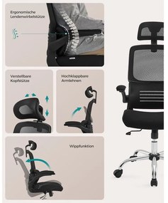 irodai szék, ergonomikus, hálós szék deréktámasszal és állítható fejtámlával, fekete
