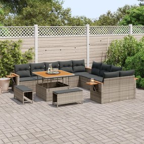 13 Darabos Kertigarnitúra Párnákkal Szürke Poli Rattan Akác, 3 Darabos Kerti Étkező Szett Párnákkal Szürke Poli Rattan Akác