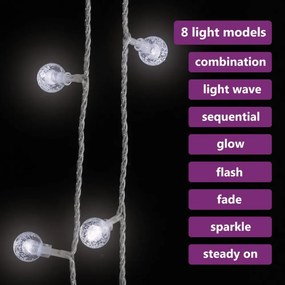 gömb alakú 8 funkciós hideg fehér tündérfényfüzér 400 LED 40 m