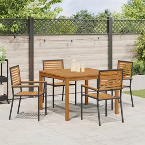 5 Részes Kerti Étkező Garnitúra Fekete Polyrattan Akác, Egymásra Rakható Kerti Székek Párnákkal 2 db Fekete Polyrattan