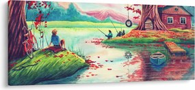 Kép - akvarell, Öböl egy hegyi faluban (120x50 cm)