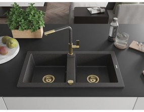 Mexen Mario, 2-kamrás gránit mosogató 820x436x161 mm és Flora mosogató csaptelep, fekete foltos, 6504-76-670401-75-G