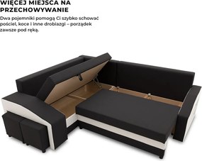 Grande sarokkanapé polcokkal és puffokkal , polc a jobb karfaban puffok a bal karfaban, baloldali, szövet anyag, hab töltet, fekete - fehér