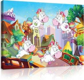 Vászonkép 80x60 Unikornisok repülő meseváros színes vidám fantázia
