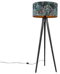 Állólámpa háromlábú fekete, páva mintás árnyékolóval 50 cm - Tripod Classic