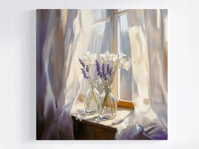Vászonkép Canvas Dekoráció Ablak Függöny Váza Virágok Levendula 80x80