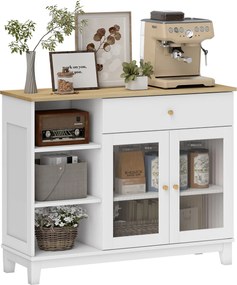 HOMCOM Barázdált Üveg 2-Ajtós Tálaló Modern Nappali Tálaló Fiókkal, Nyitott Rekeszekkel és Állítható Polcokkal Étkezőbe Fehér 100x35x80,3 cm | Aosom