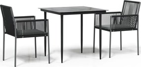 vidaXL 3 részes fekete polyrattan és acél kerti étkezőszett párnákkal