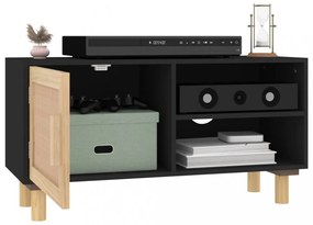 fekete fenyőfa és természetes rattan TV-szekrény 80x30x40 cm