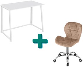 Dolgozószobai szett – összecsukható íróasztal ZARIMO 80×40 cm fehér + irodai szék AVOLA VELVET világosbarna