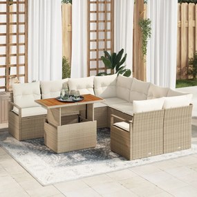 9 Darabos Kerti Kanapé Szett Párnákkal Bézs Poly Rattan Akác, 2-Fős Kerti Kanapé Párnákkal Bézs Poly Rattan