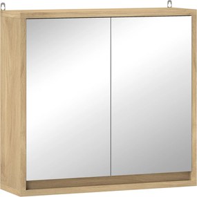 HOMCOM Fürdőszobai Szekrény Tükörrel, 2 Ajtós, Állítható Polccal - Modern Stílusú Fürdőszobához, 48x14,5x45 cm, Természetes Fa | Aosom