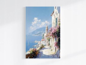 Vászonkép Canvas Tengerpart Város Hegyek Virágok Csónakok 40x60