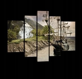 Vászonkép 170x100 Kalózhajó vízesés sziget kaland tenger trópusok fantázia
