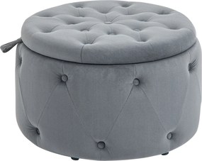 HOMCOM Tároló Puff, Párnázott Fekvőfelülettel és Fedéllel, Kerek Puff, Bársonyos Borítással, Gombokkal a Nappaliba, Szürke, Ø60 x 40 cm | Aosom