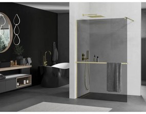 Mexen Kioto+, Walk-In zuhany paraván polccal és akasztóval 70 x 200 cm, 8mm szürke üveg, arany matt profil, 800-070-121-55-40