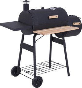 Outsunny 3 az 1-ben Szén Barbecue Füstölő Grill BBQ 124x53x104 cm Hőmérővel és Kerekekkel, Fából készült Polcok Piknikhez Kempingezéshez Kültéren | Ao