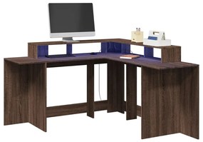 barna tölgy színű szerelt fa íróasztal LED-ekkel 152x152x91 cm