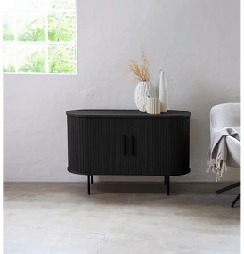 Fekete komód tolóajtóval, tölgyfa dekorral 120x76x45 cm Nola – Unique Furniture