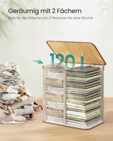 Szennyeskosár fedéllel, 2 rekeszes, 120 literes, bambusz szennyestartó, natúr