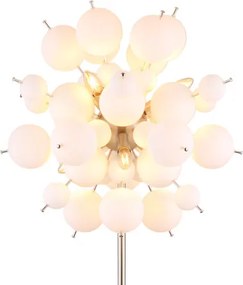 Globo 15633SO Állólámpa fém nikkel matt, fehér színű üveggömbök, fekete PVC kábel, lábpedálos kapcsoló a kábelen, ø: 550mm, M: 1550mm, kábel hossza 1800mm, üveggömbök átmérője: 24 x 6 cm, 24 x 10 cm, 6x E14 25W 230V izzók nélkül