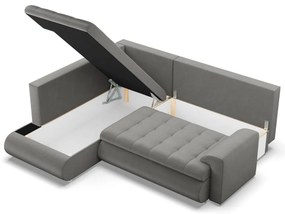 Tokio sarokkanapé, L alakú háttámlával, 2 ágyneműtartóval, bársony, baloldali, világosszürke