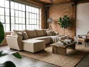 Kinyitható U alakú ülőgarnitúra LIVARO 305x140 cm, krémszínű