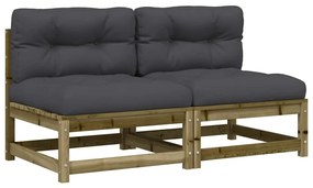vidaXL 2 db impregnált fenyőfa karfa nélküli kerti kanapé párnákkal