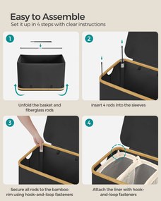 Fedeles, 3 rekeszes mosókosár, 150L, levehető bélés, összecsukható, fekete