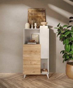 Monaco magas szekrény, fehér fényes / Cadiz tölgy 81 cm