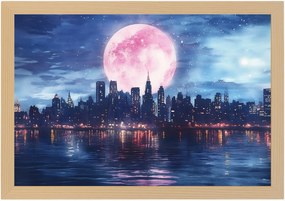 Poszter Keret Fa Város Panoráma Felhőkarcolók Folyó Éjszaka Hold 60x40