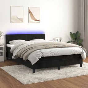 fekete bársony rugós és LED-es ágy matraccal 140x200 cm