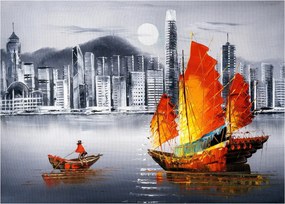 Festmény - Victoria Harbour, Hong Kong, fekete-fehér olajfestmény (üvegen) (70x50 cm)